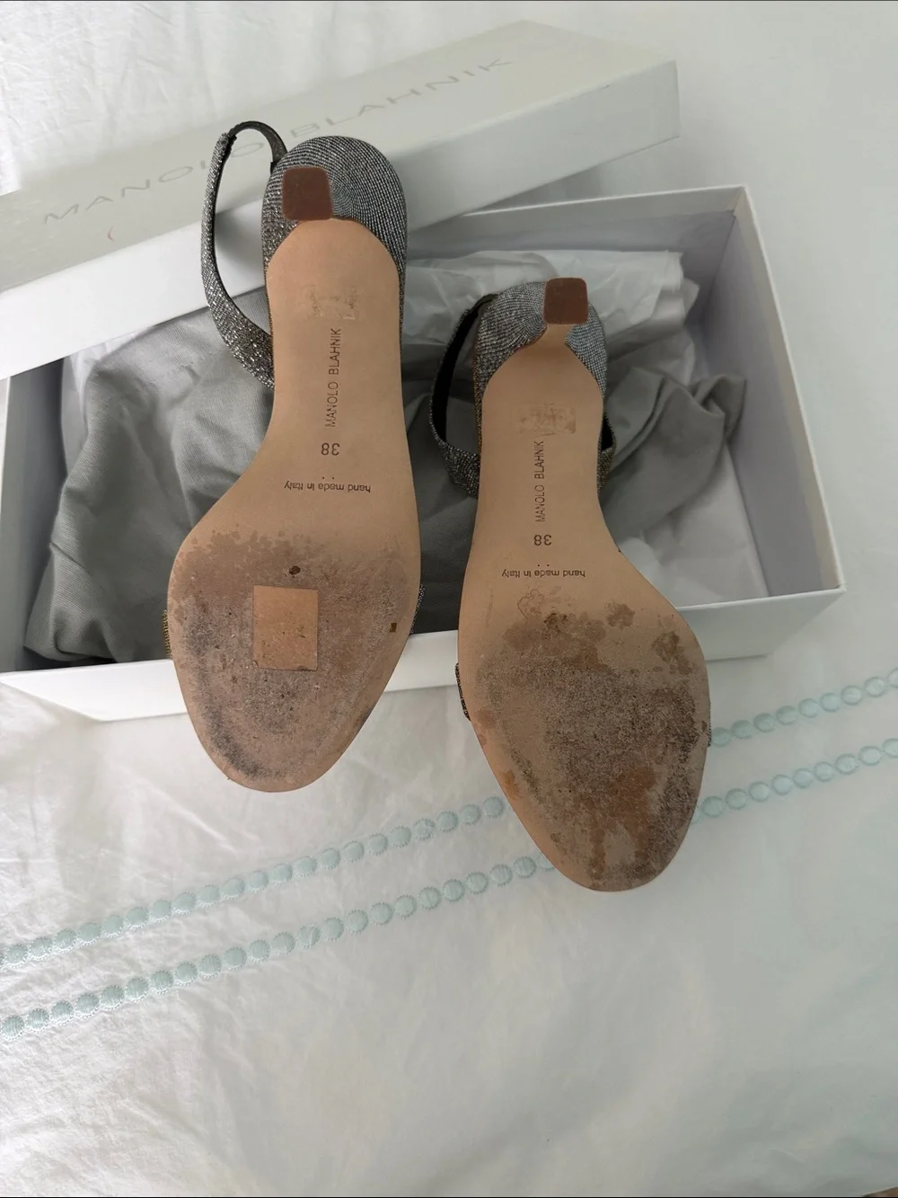 Manolo Blahnik Silver Glitter Slingback Heels